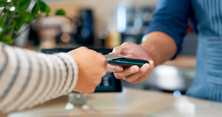 Sticker - Credit card, fintech or hands of customer in cafe with cashier for shopping, sale or checkout. Payment machine, bills or closeup of person paying for service, coffee or tea in restaurant or diner