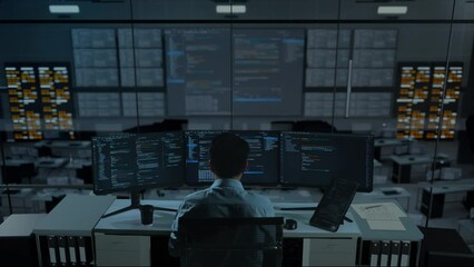 Back View Of Asian Man Developer Working With Tablet While Write Code With Multiple Computer Screens In The Office
