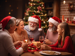 family have a dinner party in christmas day at restaurant