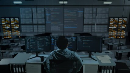 Back View Of Asian Man Developer Having Backache While Write Code With Multiple Computer Screens In The Office
