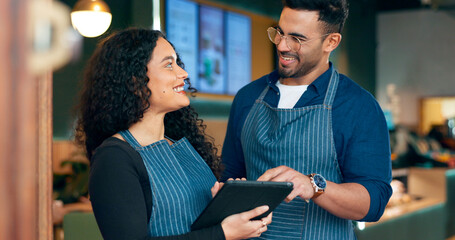 Poster - Business owner, restaurant teamwork and tablet for waiter training, review sales and management in hospitality. Happy people, manager or barista on digital technology for cafe or coffee shop planning