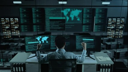 Back View Of Happy Asian Man Developer Celebrating While Write Code With Multiple Computer Screens In The Office
