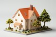 A large miniature house with a distinctive orange roof, surrounded by trees, against an off-white background, presenting a vivid and pleasing image. Photorealistic illustration