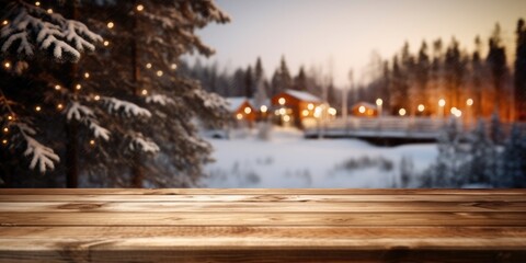 The empty wooden dark brown rustic table top with blur background of winter forest in finland. Exuberant image. generative ai