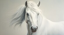  A Painting Of A White Horse With Long Manes And A Brown Spot On The Face Of The Horse's Head.  Generative Ai