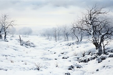 Wall Mural - Winter landscape with snowy trees and meadow in painting style background