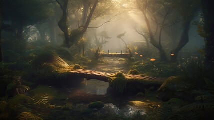 Foggy forest with wooden bridge in the morning