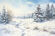 © fledermausstudio - Winter landscape with snowy trees and meadow in painting style background