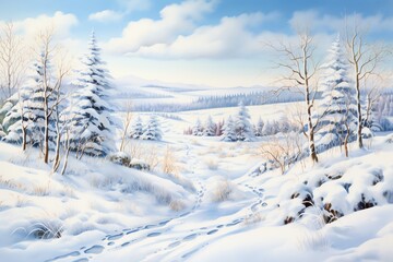 Canvas Print - Winter landscape with snowy trees and meadow in painting style background