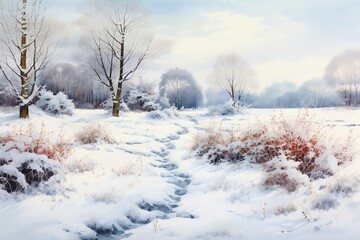 Wall Mural - Winter landscape with snowy trees and meadow in painting style background