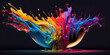 Explosion of colored paints on a black background. Colorful rainbow; color splash palette. AI generated.