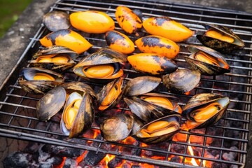 Sticker - grilled mussels and clams on a steel grid over coals