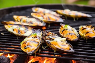 Poster - grilled mussels coated in garlic butter, steaming slightly