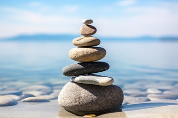 Sticker - three rocks balancing in a stack by a seashore