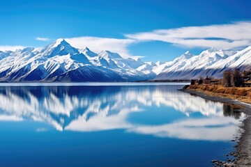  a serene lake surrounded by towering, snow-capped mountains