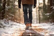Back View Of A Man Walking In A Winter Forest. Close Up Of Legs