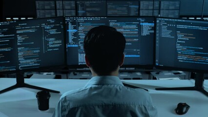 Back View Of Asian Man Developer Using Computer To Write Code With Multiple Screens In The Office
