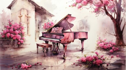 Wall Mural - Illustration of a piano in colorful watercolors, isolated on a white background