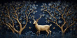 © Faiza - A golden deer in the forest with beautiful tree on Dark blue mural wallpaper foe living room decor wall concept AI Generative