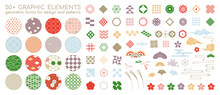Set Of Oriental Vector Elements. Geometric Modern Patterns With Chinese, Japanese, And Korean Symbols. Abstract Designs With Sakura, Bamboo, And Knots For Logo, Poster, And Vintage Style Presentation.