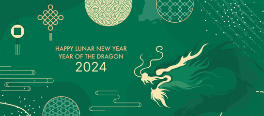 Wall Mural - Chinese Lunar New Year 2024 Elegant Dragon Design with Festive Green and Gold Patterns. Modern Chinese Zodiac Art for Celebrations and Greetings. 