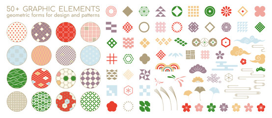 Set of Oriental Vector Elements. Geometric Modern Patterns with Chinese, Japanese, and Korean Symbols. Abstract Designs with Sakura, Bamboo, and Knots for Logo, Poster, and Vintage Style Presentation.
