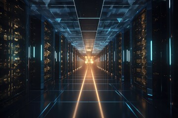 Leinwandbilder - Digital cloud storage server farm, rows of powerful servers with blinking lights, cables organized, sense of precision and technological prowess