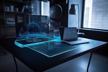 Leinwandbilder - Office desk with a holographic laptop, data and graphs displayed, technology workspace Hologram using futuristic AR tech