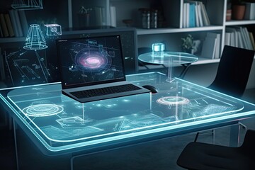 Leinwandbilder - Office desk with a holographic laptop, data and graphs displayed, technology workspace Hologram using futuristic AR tech