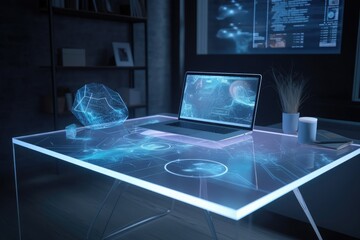 Leinwandbilder - Office desk with a holographic laptop, data and graphs displayed, technology workspace Hologram using futuristic AR tech