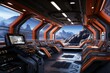 Spaceship black corridor with view on space and planet Earth 3D rendering elements
