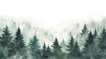 Watercolor Green Landscape Of Foggy Forest Hill. Evergreen Coniferous Trees. Wild Nature, Frozen, Misty, Taiga. Horizontal Watercolor Background.Hand Painted Watercolor Illustration Of Misty Forest
