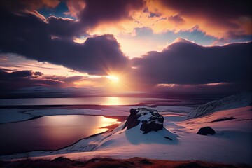 Wall Mural - Iceland landscape with snow valley and gray clouds at sunset. Generative AI Art. Beautiful view with lake.