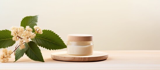 Sticker - Natural cosmetics concept with cream jar horse chestnut leaf and flowers on wooden stand