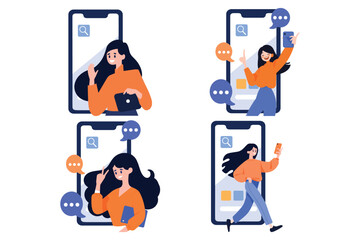 Wall Mural - Hand Drawn Female character talking with smartphone in online communication concept in flat style