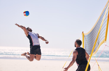 Canvas Print - Beach, volleyball serve and team with competition at ocean and sea with exercise, sport and fitness. Summer, outdoor and training people playing for health, action game and workout activity in nature