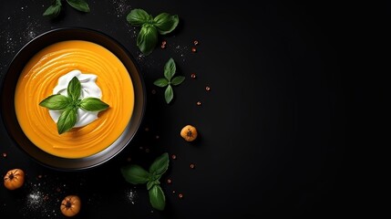 Aufkleber - Pumpkin and carrot soup with cream and basil in black plate over dark background Top view Copy space