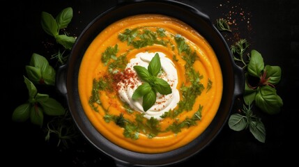 Aufkleber - Pumpkin and carrot soup with cream and basil in black plate over dark background Top view Copy space