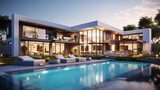 Fototapeta  - Luxurious modern house with swimming pool and backyard