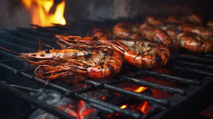 Wall Mural - Grilled shrimp (Giant freshwater prawn) grilling with charcoal. Grilled shrimp on a grill with charcoal grill. Close-up of shrimps being fried in oil pan