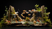 Small Decorative Pond With Artificial Waterfall And Gold Fishes