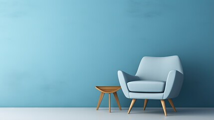 Aufkleber - Modern minimalist interior with an armchair on empty blue wall background.3D rendering