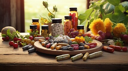 Alternative medicine and healthy lifestyle to improve standard of living and to prevent illnesses. Organic food supplements, minerals and vitamins from above on wooden desk on light background.