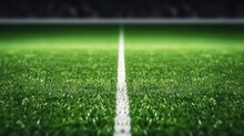 Artificial Green Grass With White Stripe Of Soccer Field. White Line On Green Grass A Field Of Play. Fake Grass Used On Sports Fields For Soccer And Football. Closed-up Of Artificial Grass Background