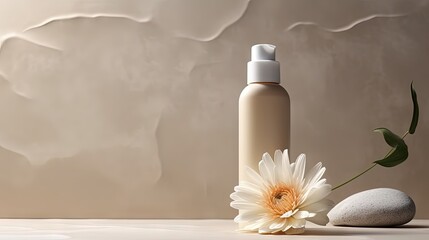 Canvas Print - Aesthetic minimalist beauty care therapy concept. Spray bottle, cream, marble stone with flower against neutral beige background. Organic body skin treatment product composition