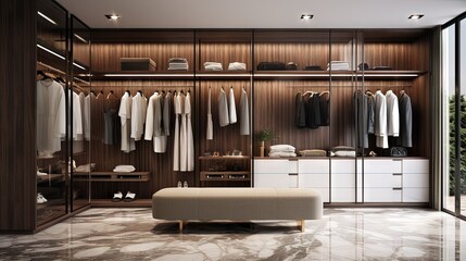 Poster - 3d rendering, 3d illustration - Modern Wardrobe Design. Suitable for interior walk in closet or Fitting Room Design. Using wooden material and marble flooring.
