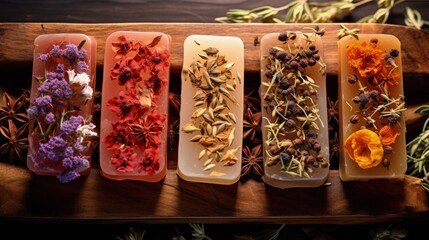 Wall Mural - Natural handmade soap bars with organic medicinal plants, cinnamon spice and flowers.Homemade beauty products with natural essential oils from plants and flowers, top view closeup photo