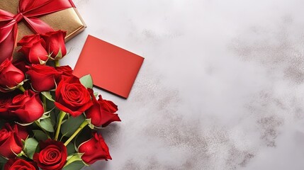 Red rose flowers bouquet, envelope, gift box, chocolate sweets on stone background Valentine's day greeting card Copy space Top view