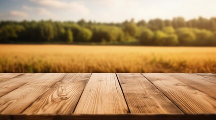 Leinwandbilder - The empty wooden brown table top with blur background of farm and barn. Exuberant image.