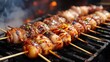 Grilled squid. Grilled squid on a skewer on a delicious barbecue is a Thai street food. Grilled seafood. Selective focus
